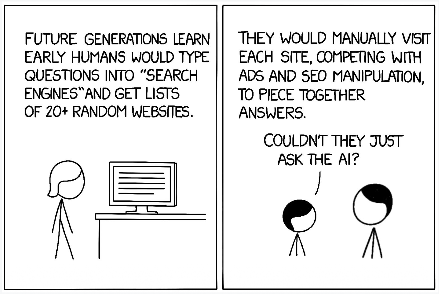 Illustration showing the shift from link-based search to AI answers that summarize and guide decisions.